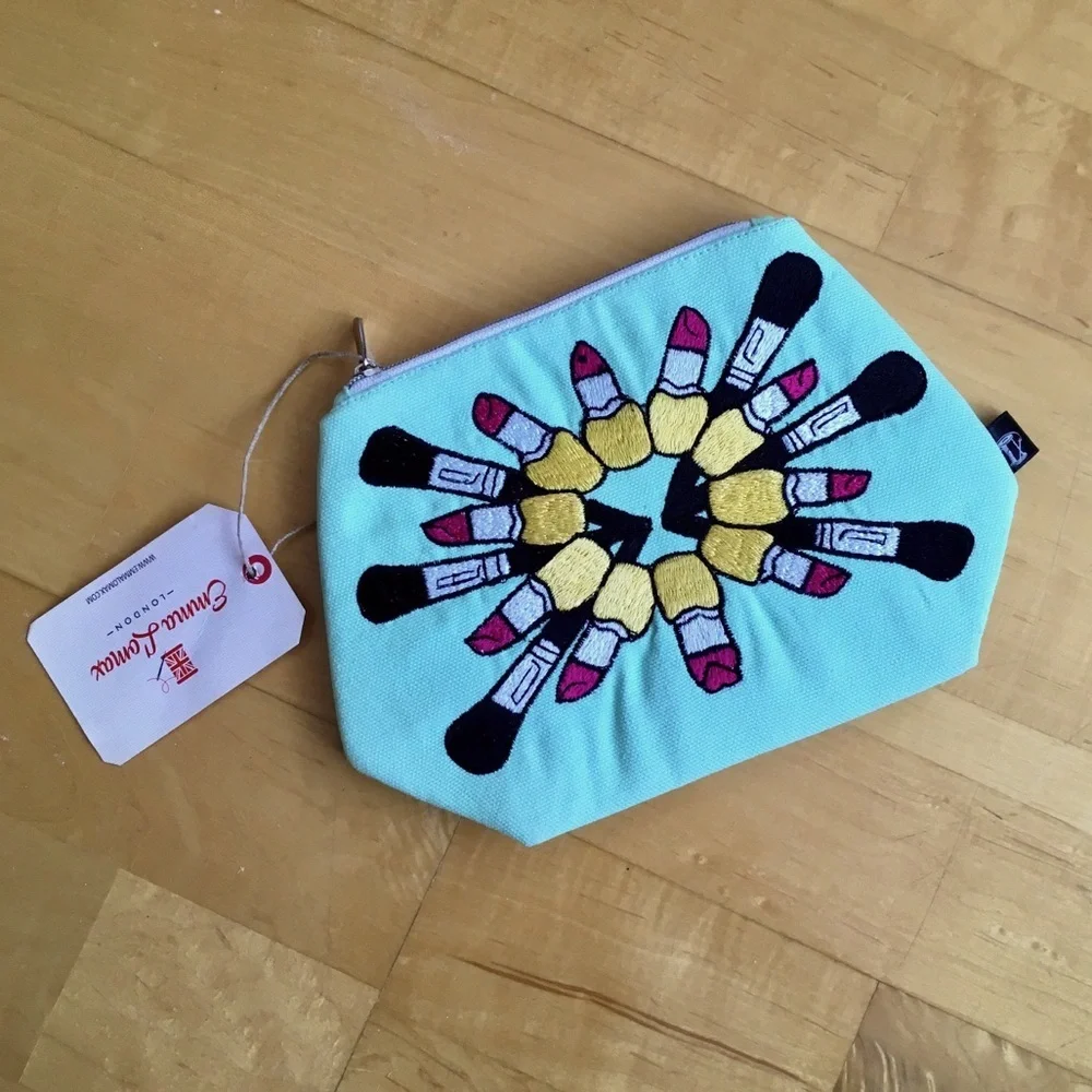 Emma Lomax London Lipstick Embroidered Travel / Makeup Bag, Aqua, Pink